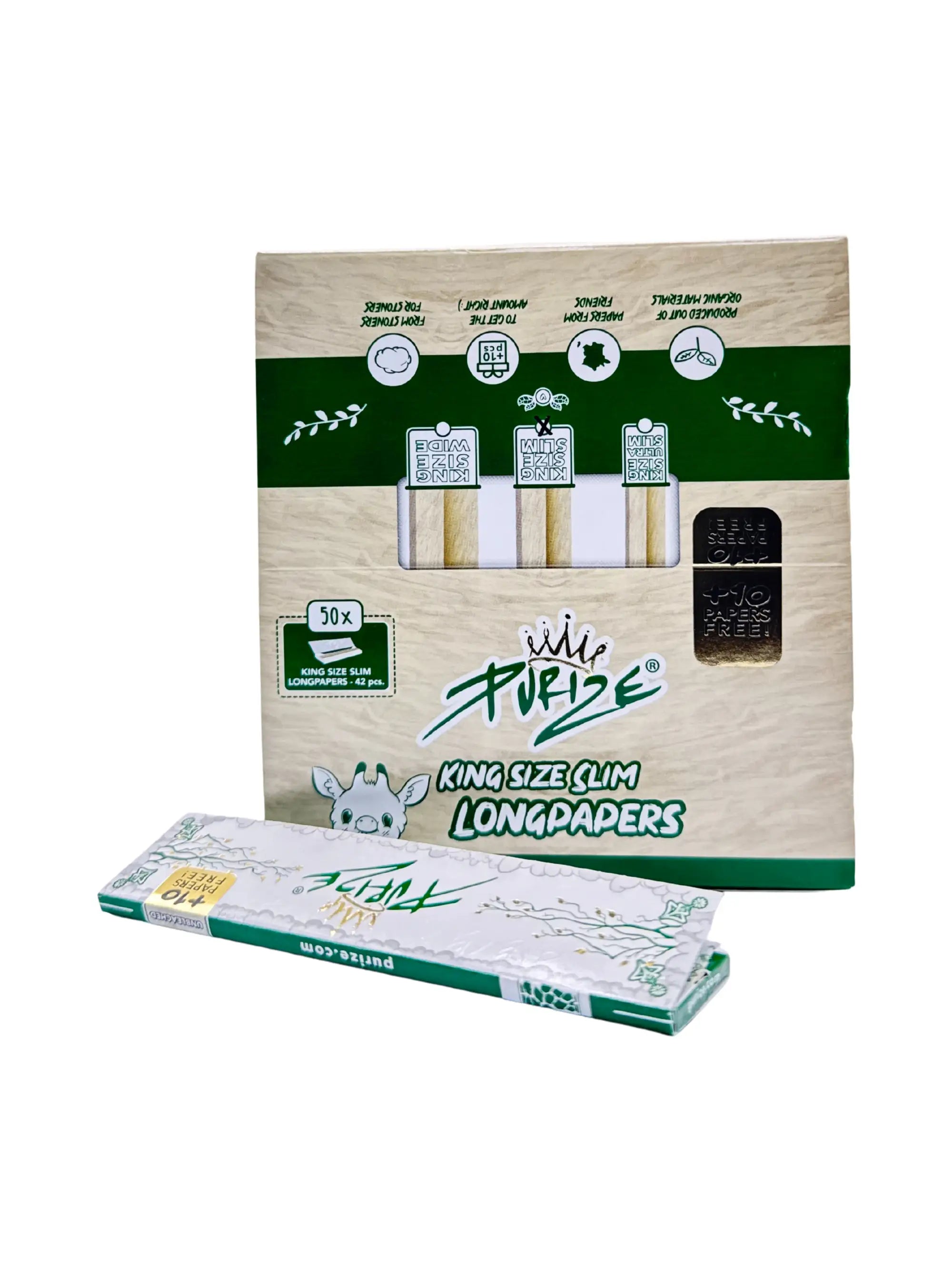 42 Blatt PURIZE King Size Slim Papers pro Heft, vegan und biologisch für sauberen Abbrand und reines Aroma.