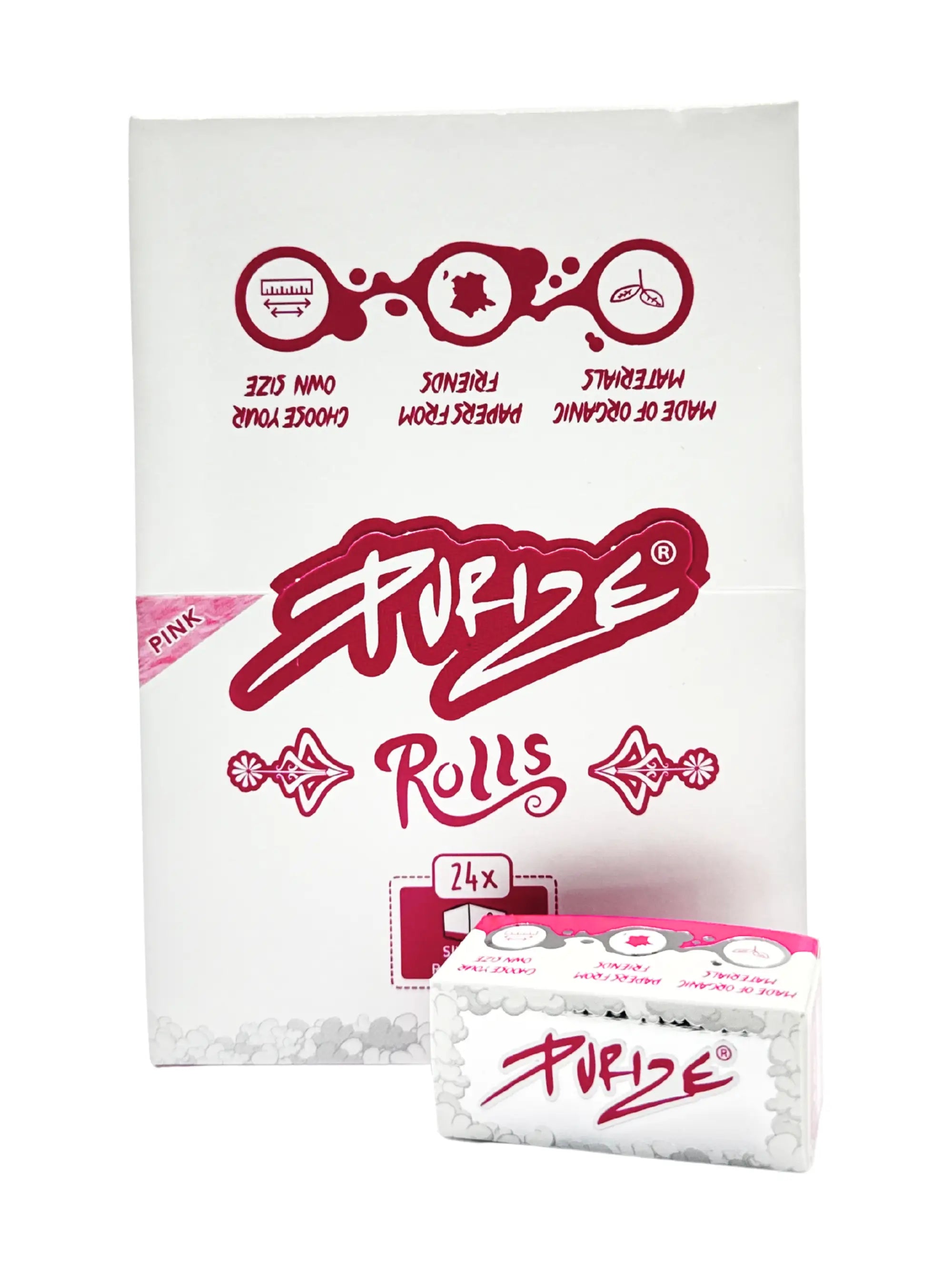 PURIZE Rolls Pink – 4 m vegane, ungebleichte Papers in auffälligem Pink. Feine Papierstärke, reines Aroma und gleichmäßiges Brennverhalten.