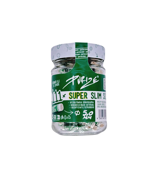 PURIZE White Super Slim Aktivkohlefilter im Glas mit 111 Filtern, Ø 5 mm Filter mit Kokosnuss-Aktivkohle für milden und kühlen Rauch.