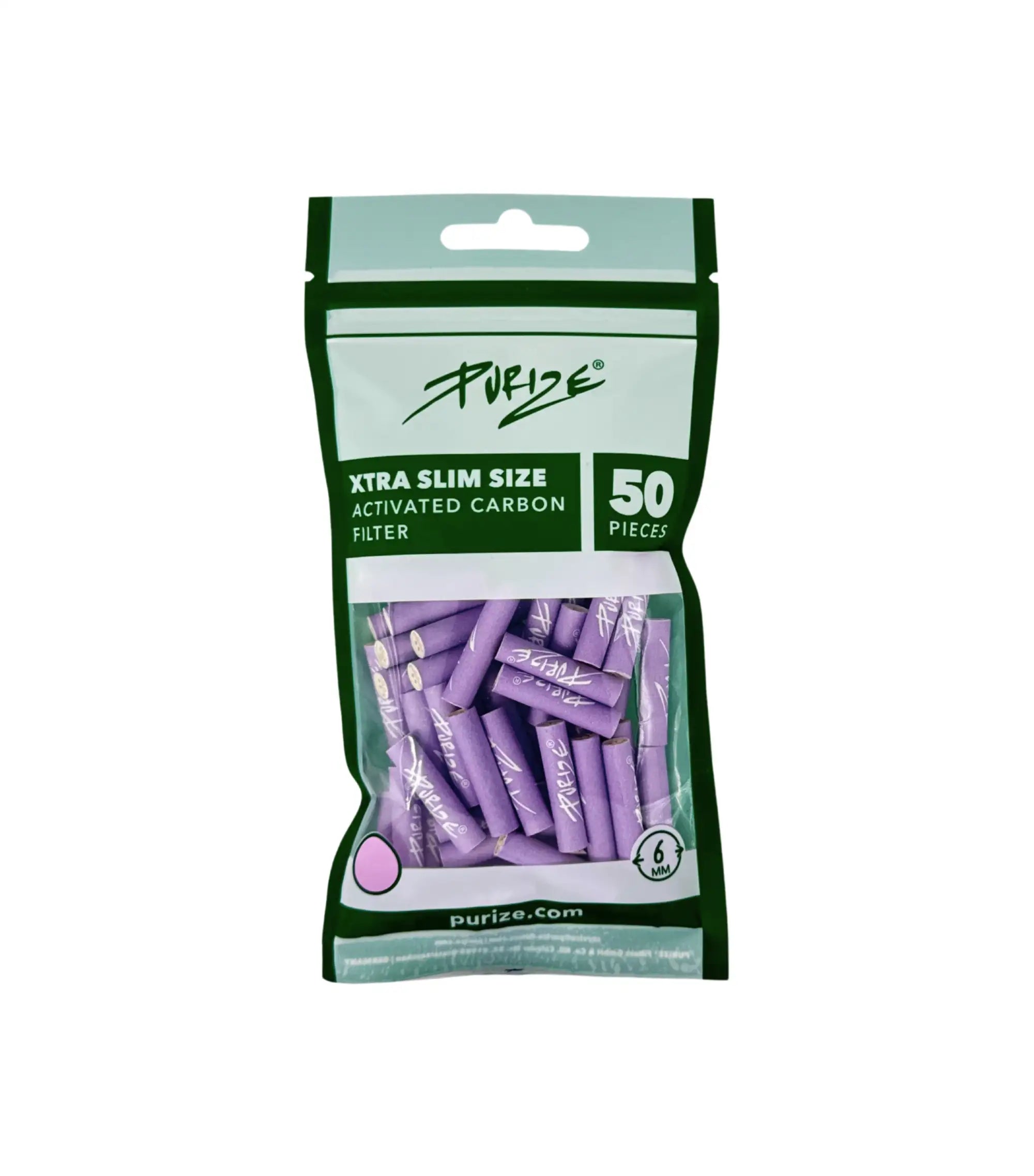 PURIZE XTRA Slim Aktivkohlefilter Flieder im 50er Beutel, Ø 6 mm Filter mit Kokosnuss-Aktivkohle und Keramikkappen für milden Rauch.
