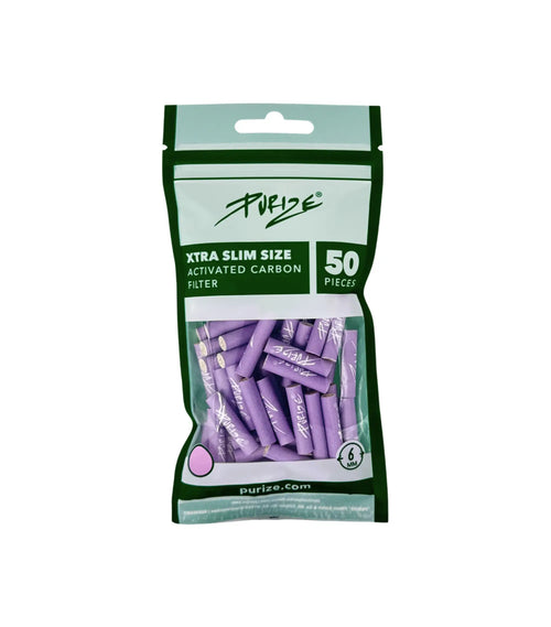 PURIZE XTRA Slim Aktivkohlefilter Flieder im 50er Beutel, Ø 6 mm Filter mit Kokosnuss-Aktivkohle und Keramikkappen für milden Rauch.
