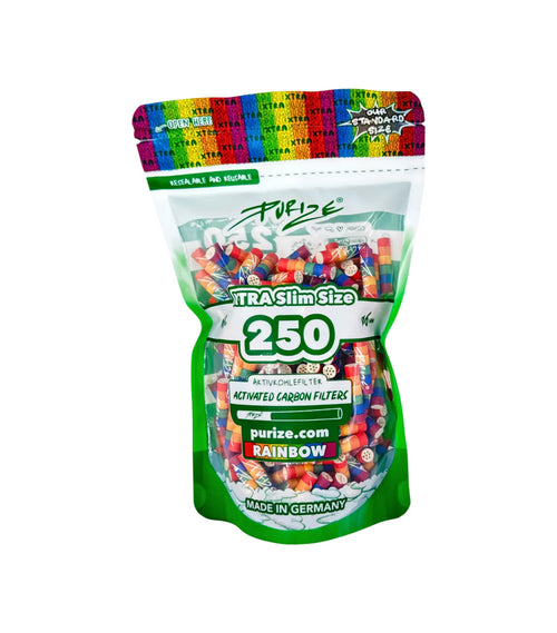 PURIZE XTRA Slim Aktivkohlefilter Rainbow im 250er Beutel, Ø 6 mm Filter mit Kokosnuss-Aktivkohle und Keramikkappen für milden, kühlen Rauch.