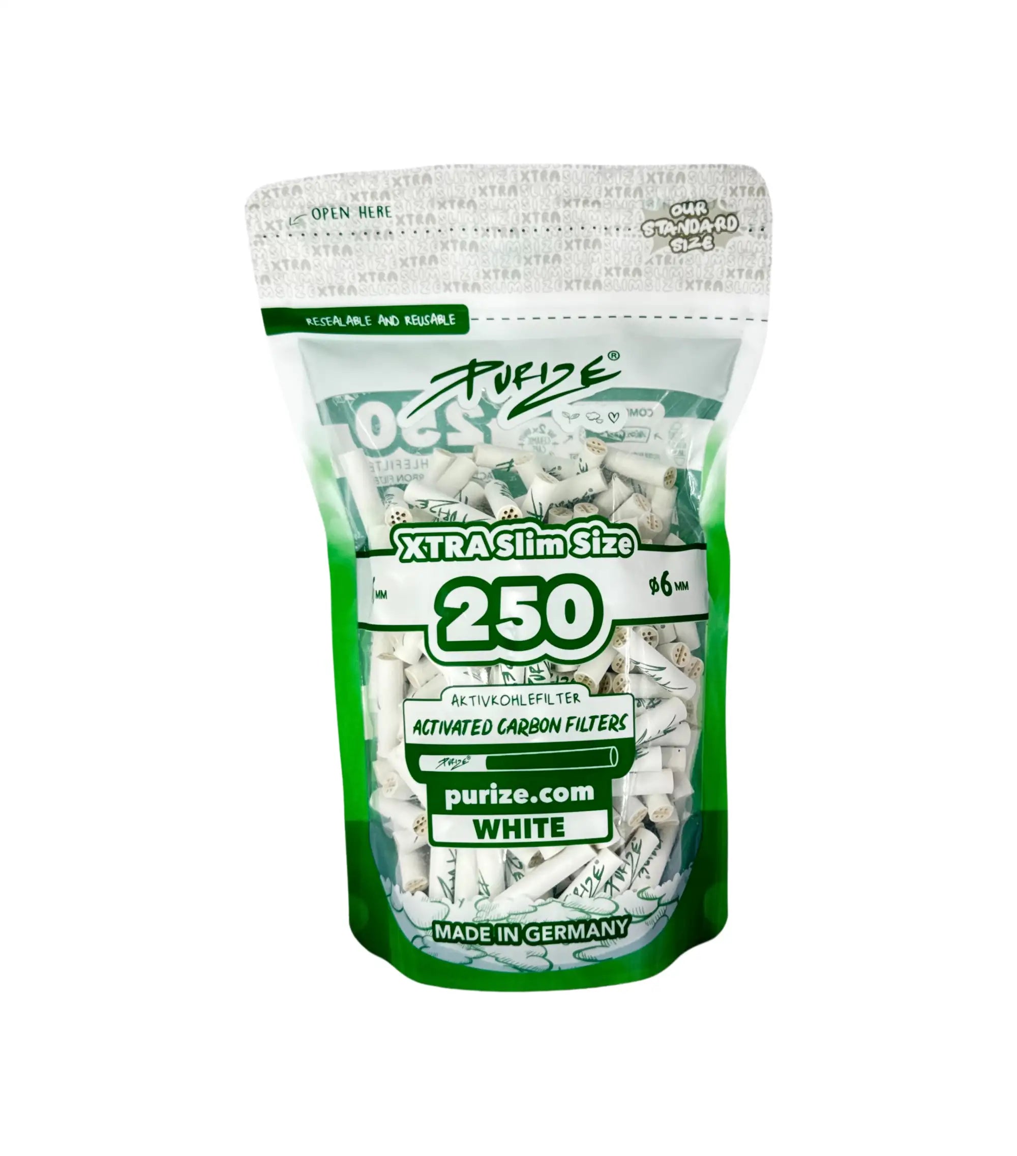PURIZE XTRA Slim Aktivkohlefilter Weiß im 250er Beutel, Ø 6 mm Filter mit Kokosnuss-Aktivkohle und Keramikkappen für milden, kühlen Rauch.