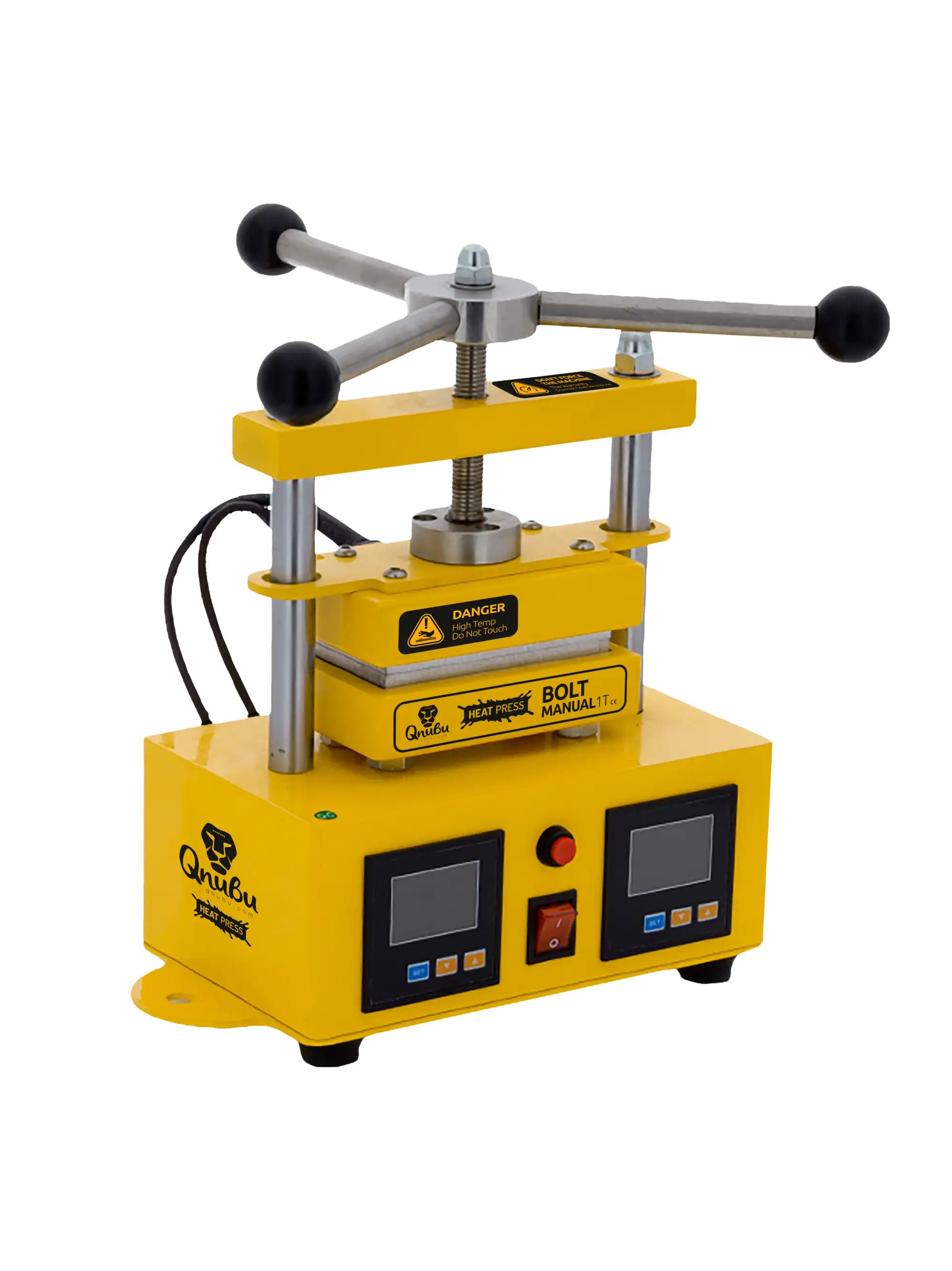 Qnubu Press Bolt Manual 1 Ton – kompakte manuelle Rosin-Presse in Frontansicht mit Handgriff und Heizplatten