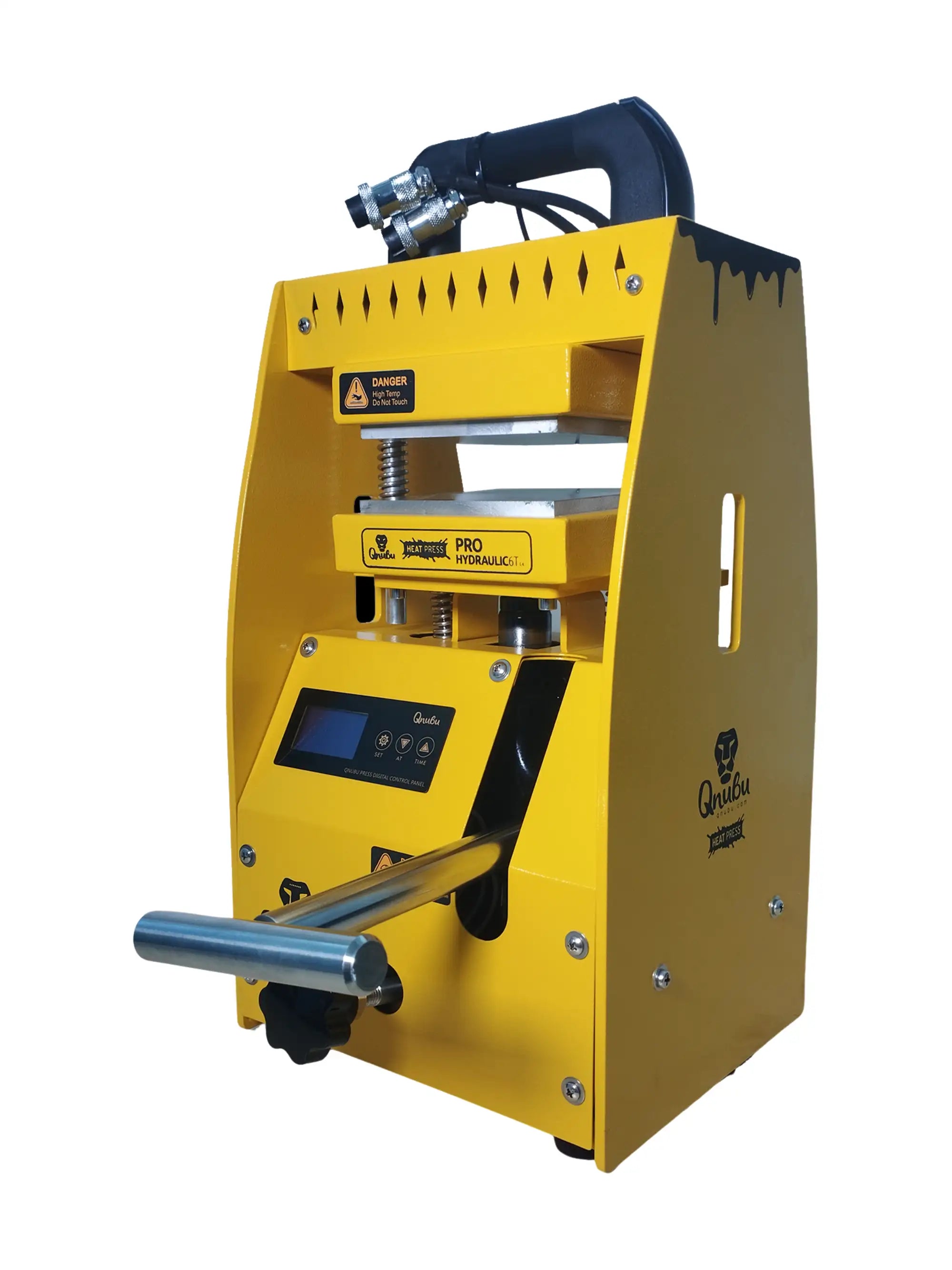 Qnubu Press Pro Hydraulic 6 T – Nahaufnahme der 12 × 12 cm Aluminium-Heizplatten mit Doppelsteuerung