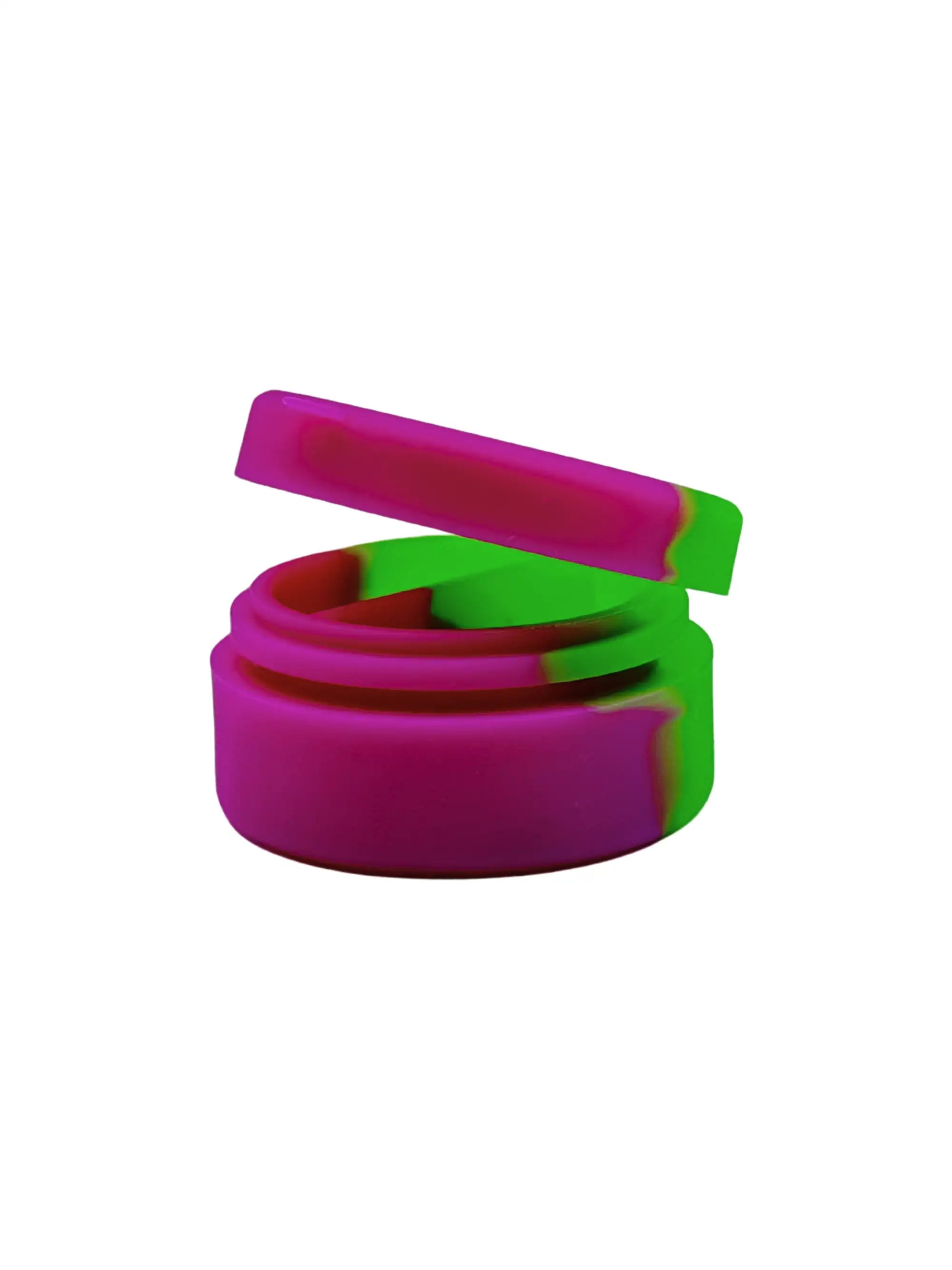 Qnubu Silikonbehälter in Grün und Purple mit zwei separaten Fächern – lebensmittelechtes, wiederverwendbares Silikondöschen für Wax, Öl und Konzentrate, Ø 35 mm x H 17 mm, leicht zu reinigen, ideal für Aufbewahrung und Transport.