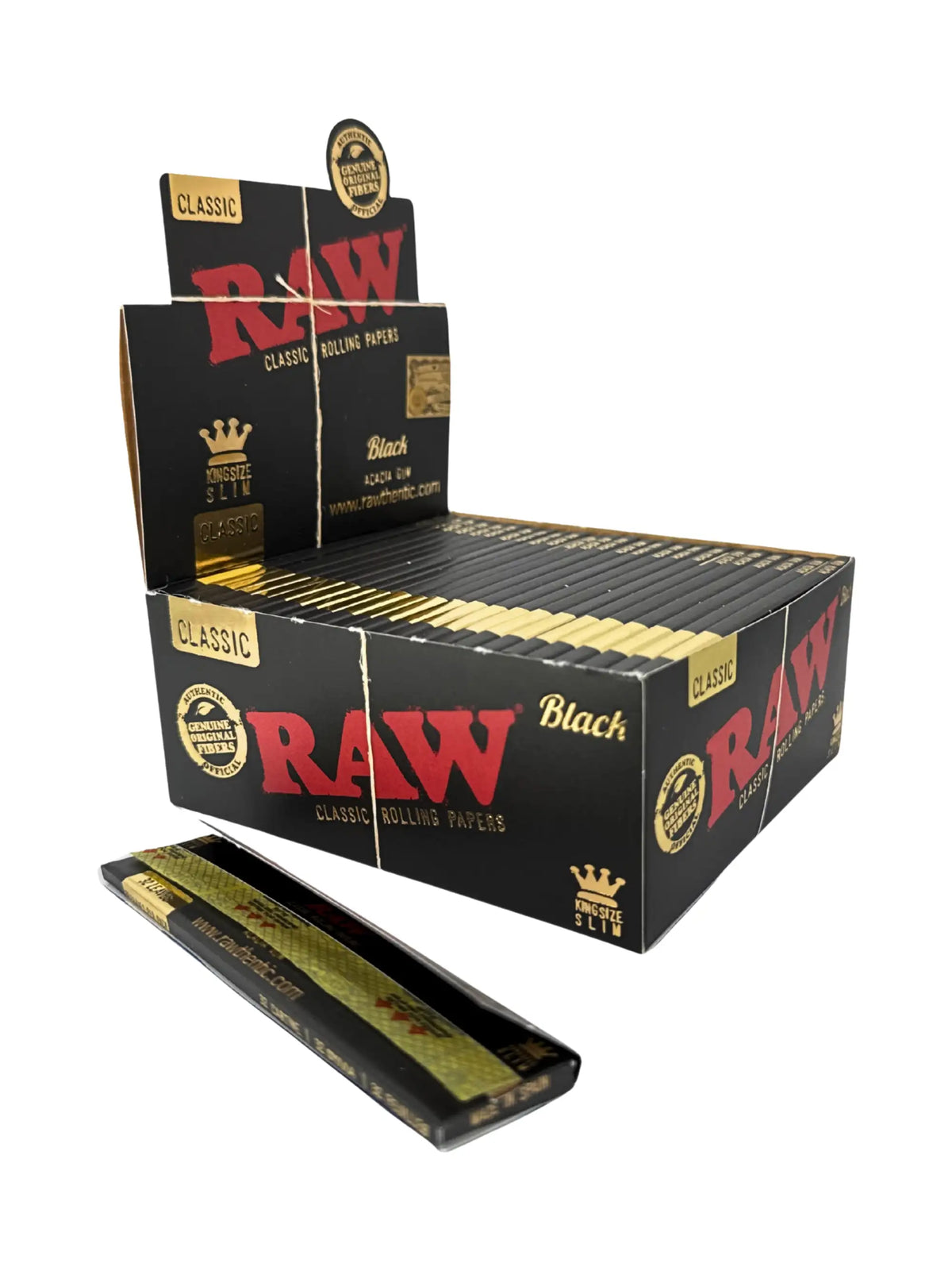 RAW Black King Size Slim Papers Display mit 32 Blatt pro Heft