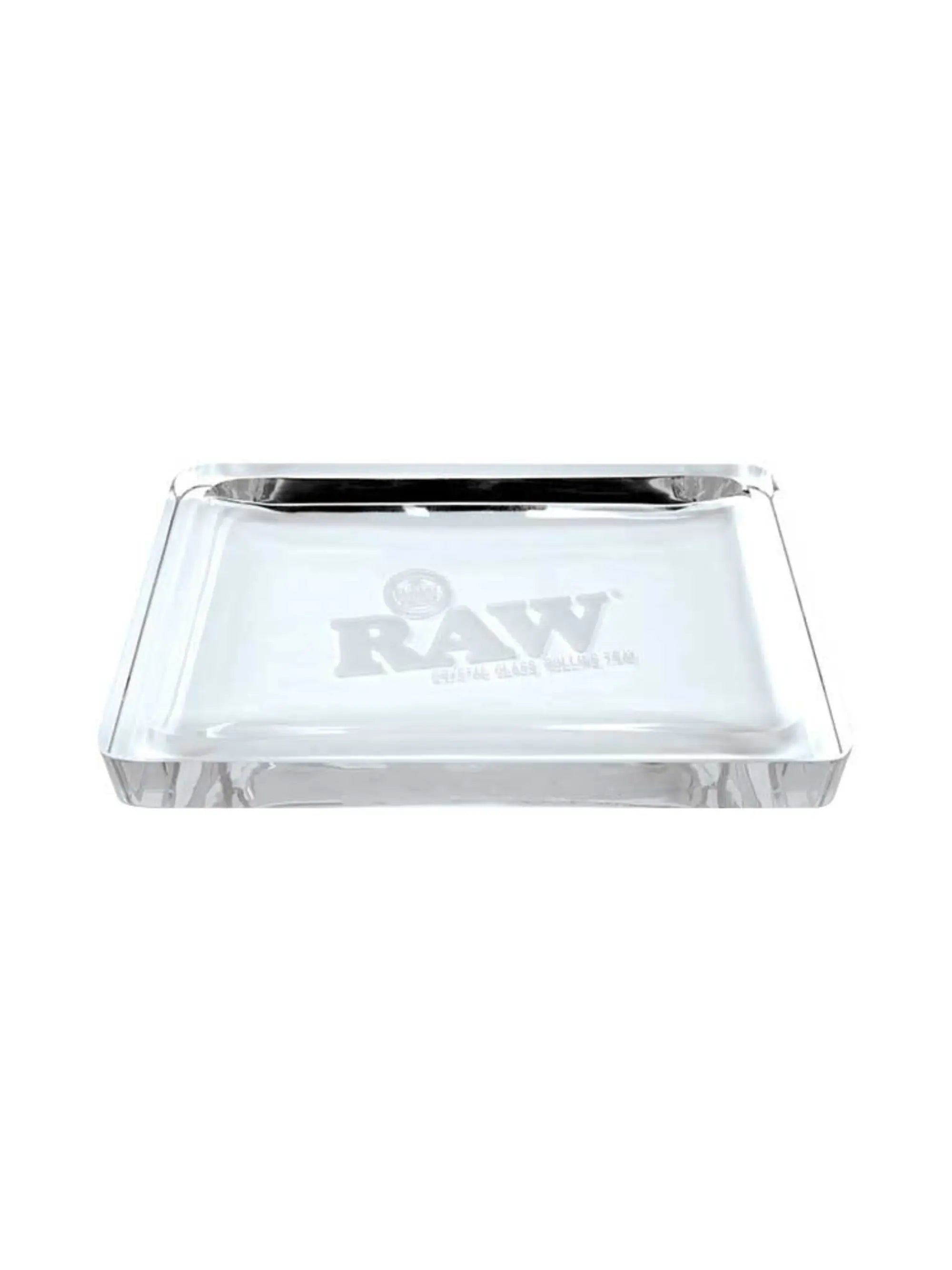 Detailansicht RAW Crystal Glass Rolling Tray mit RAW Branding