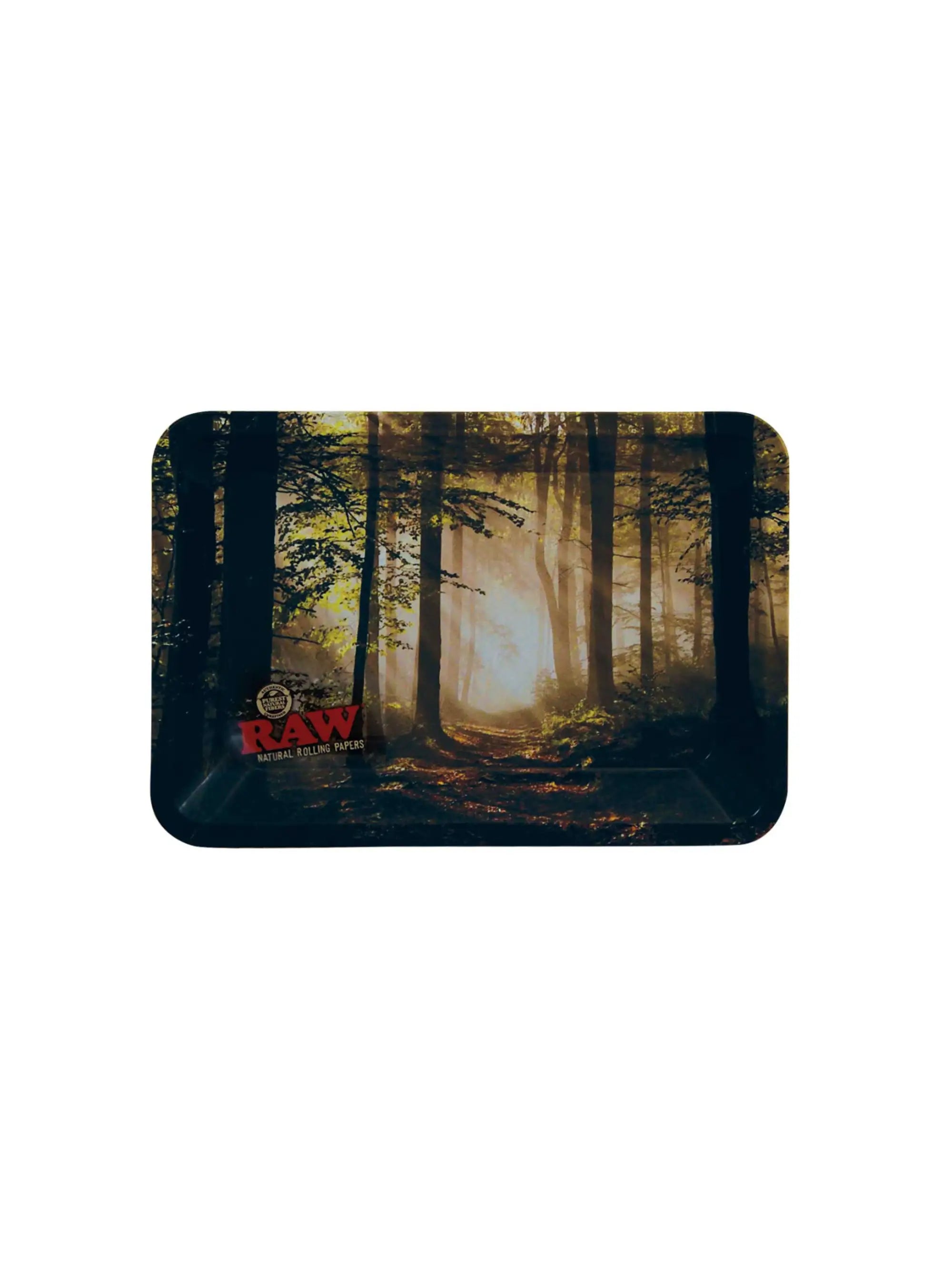RAW Forest Metal Rolling Tray Mini aus Metall mit detailreichem Wald-Design und kompakter Größe für unterwegs.