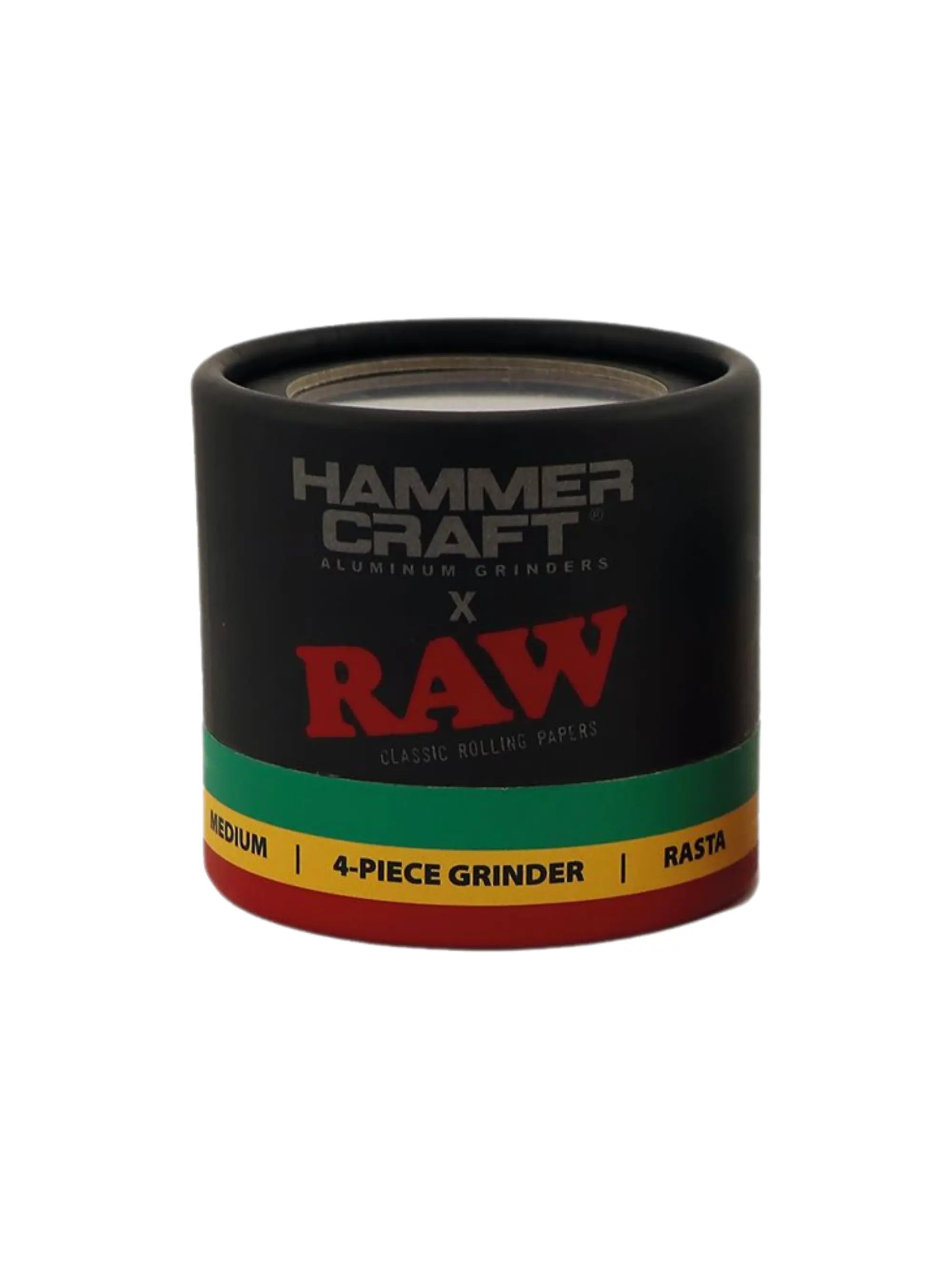 RAW x Hammer Craft Grinder 55 mm in Rastafarben mit Verpackung, 4-teilig aus Aluminium mit Pollensieb