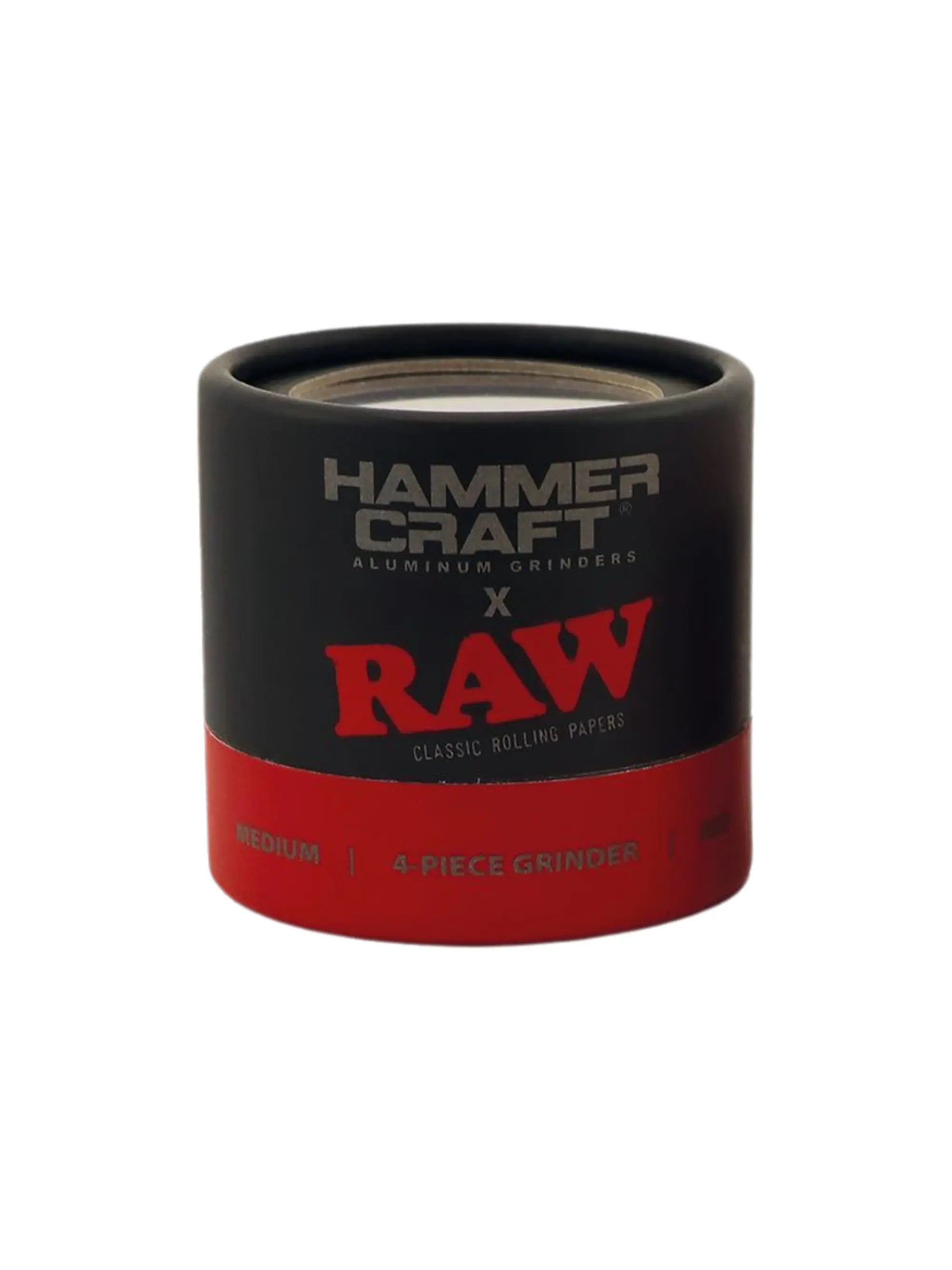 RAW x Hammer Craft Aluminium Grinder 55 mm in Rot mit Originalverpackung, 4-teilig mit Pollensieb und Magnetdeckel