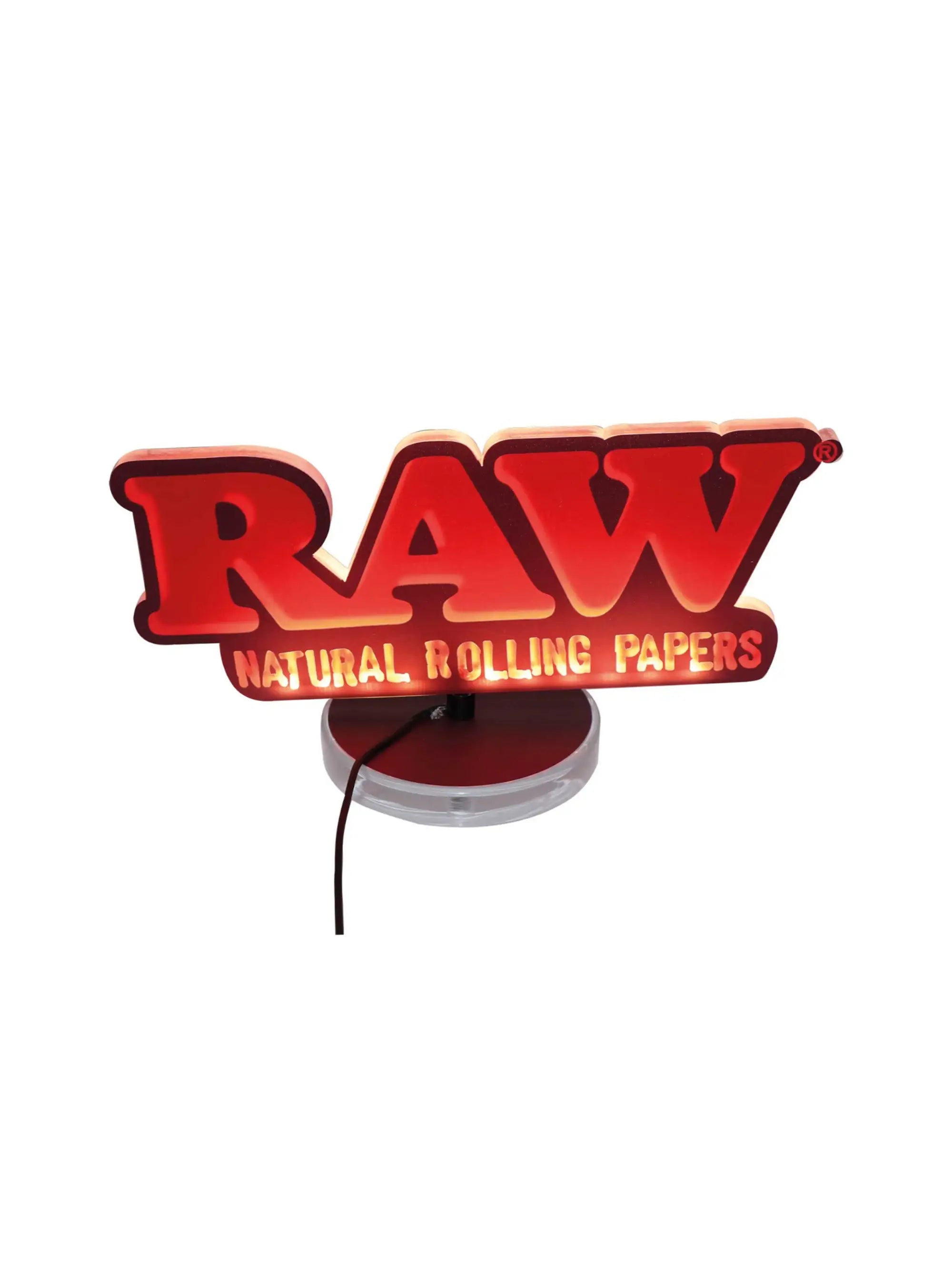 Detailansicht des beleuchteten RAW Lighted Sign mit USB-Anschluss und markantem RAW Logo als stylische Raumdekoration.