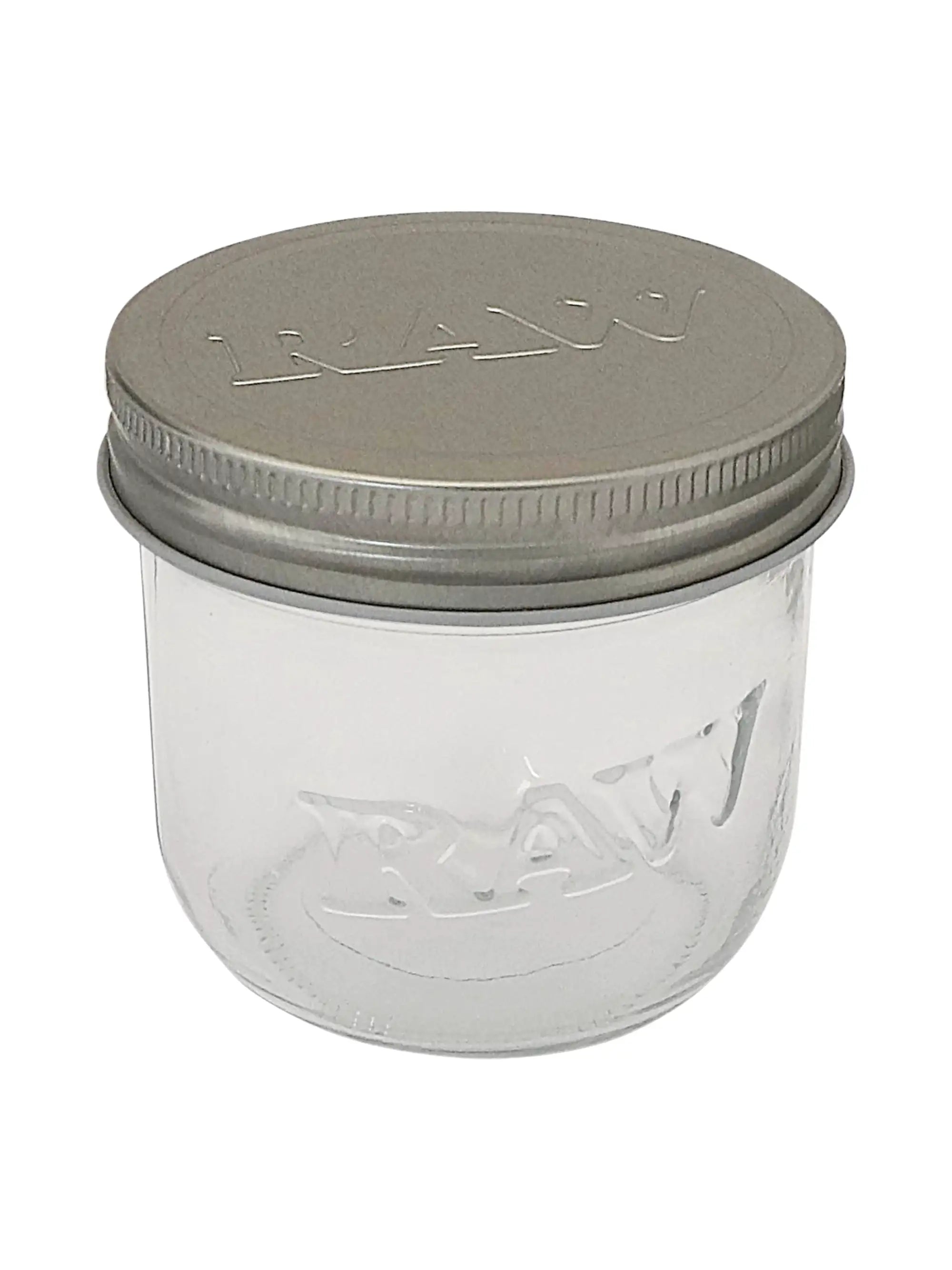 RAW Aufbewahrungsglas 10oz mit Schraubdeckel, geruchsdicht und ideal zur Lagerung von Kräutern oder Zubehör.