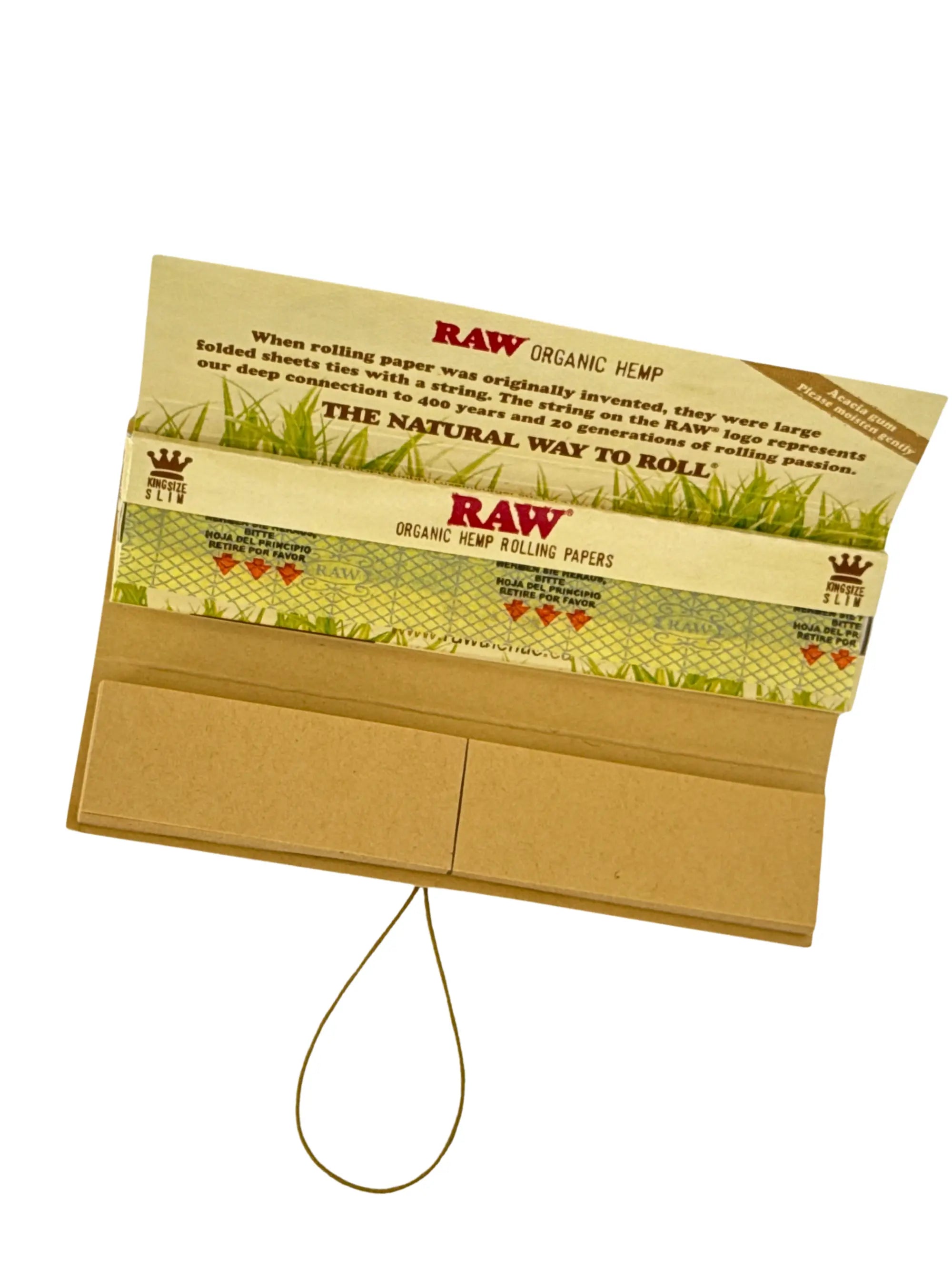 Geöffnetes RAW Organic Connoisseur Papers King Size Slim Booklet zeigt die Länge der Blätter