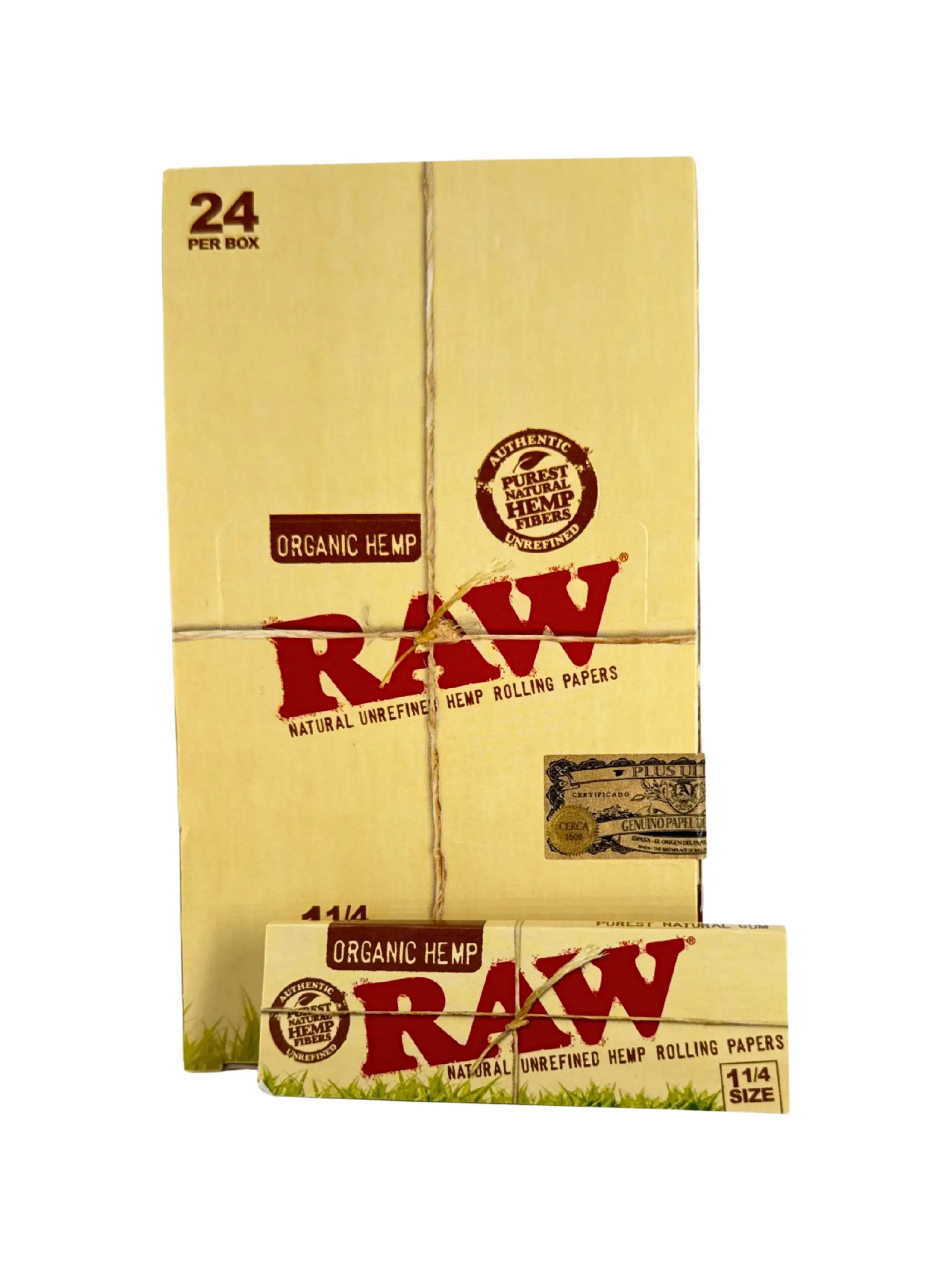 RAW Organic Hemp Papers 1 1/4 Display mit 24 Booklets, chemiefrei, perfekt für unterwegs oder zuhause