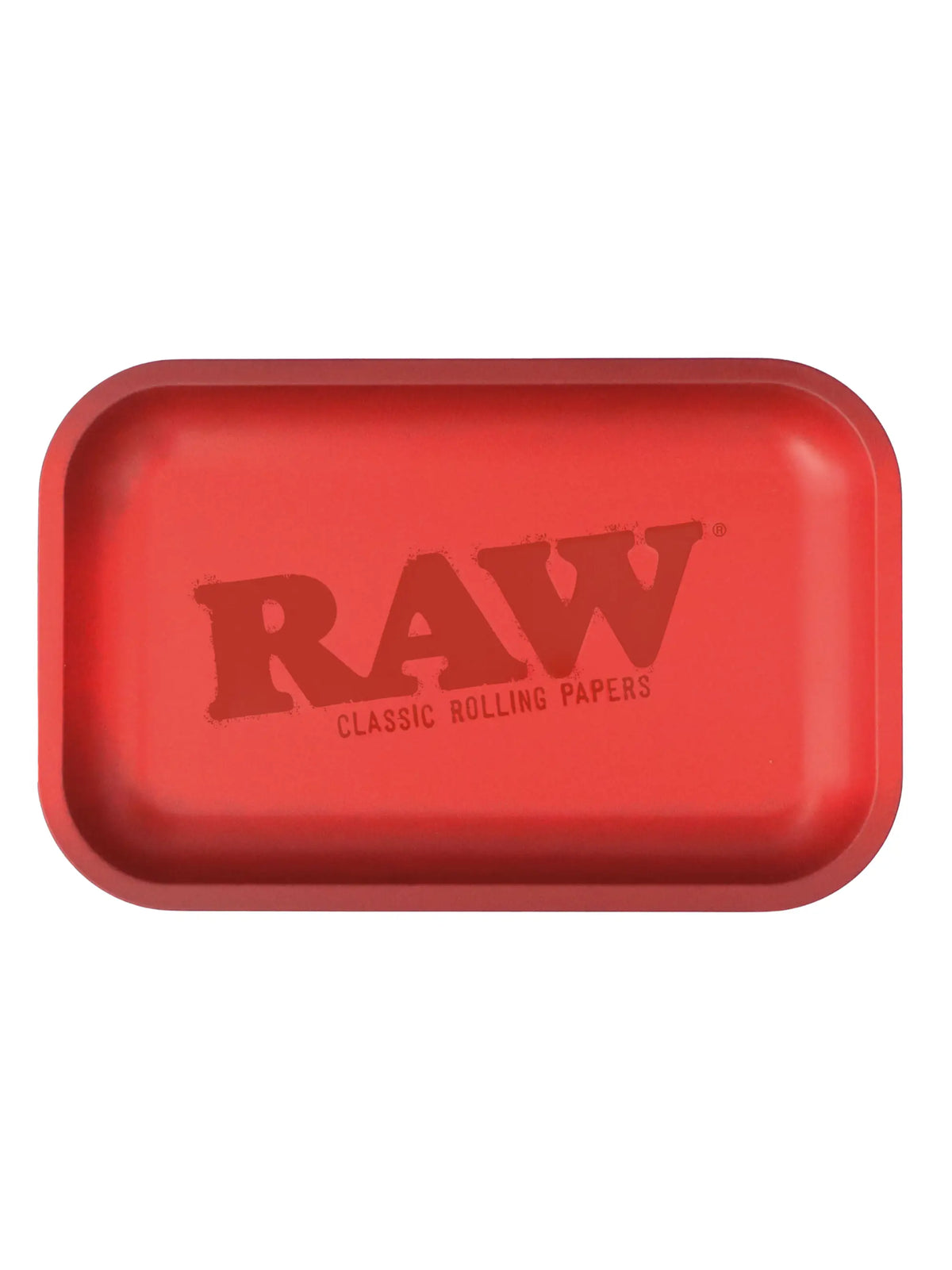 RAW Red Matte Metal Rolling Tray "Murder'd" Edition mit abgerundeten Ränder 