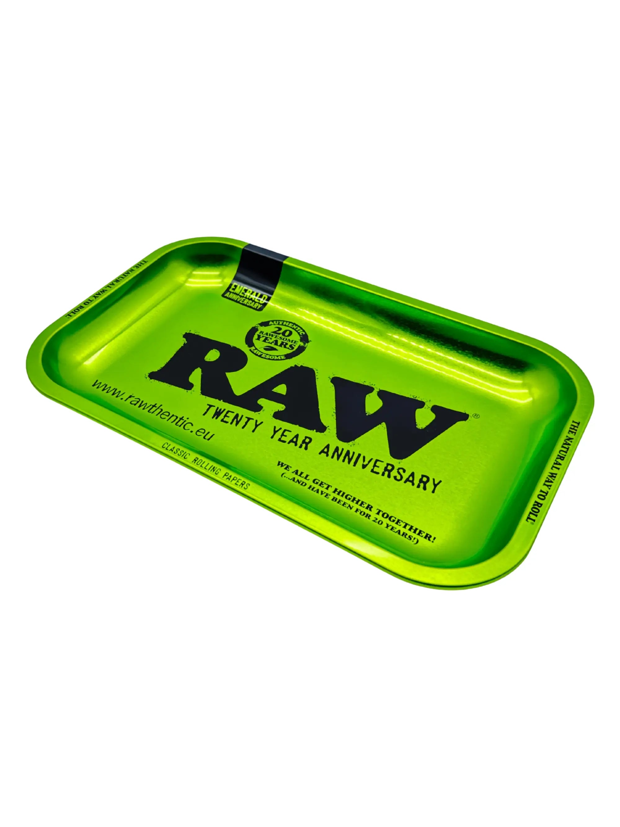 RAW Rolling Tray aus Metall in Smaragdgrün mit 20th RAW Anniversary Logo