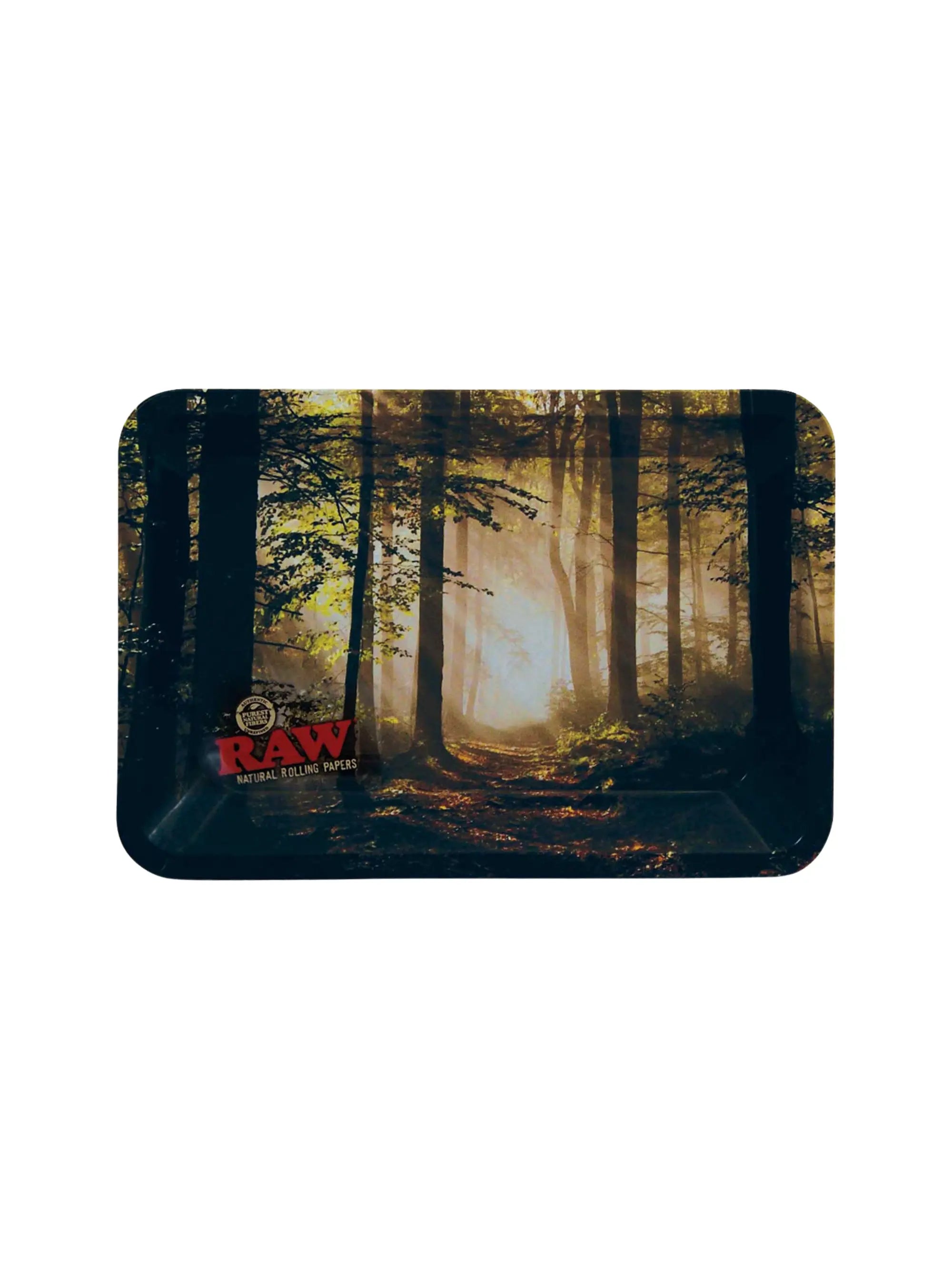RAW Smokey Forest Large Rolling Tray aus Metall mit erhöhtem Rand, kompaktes Rolling Tray für Papers, Filter und Zubehör unterwegs.
