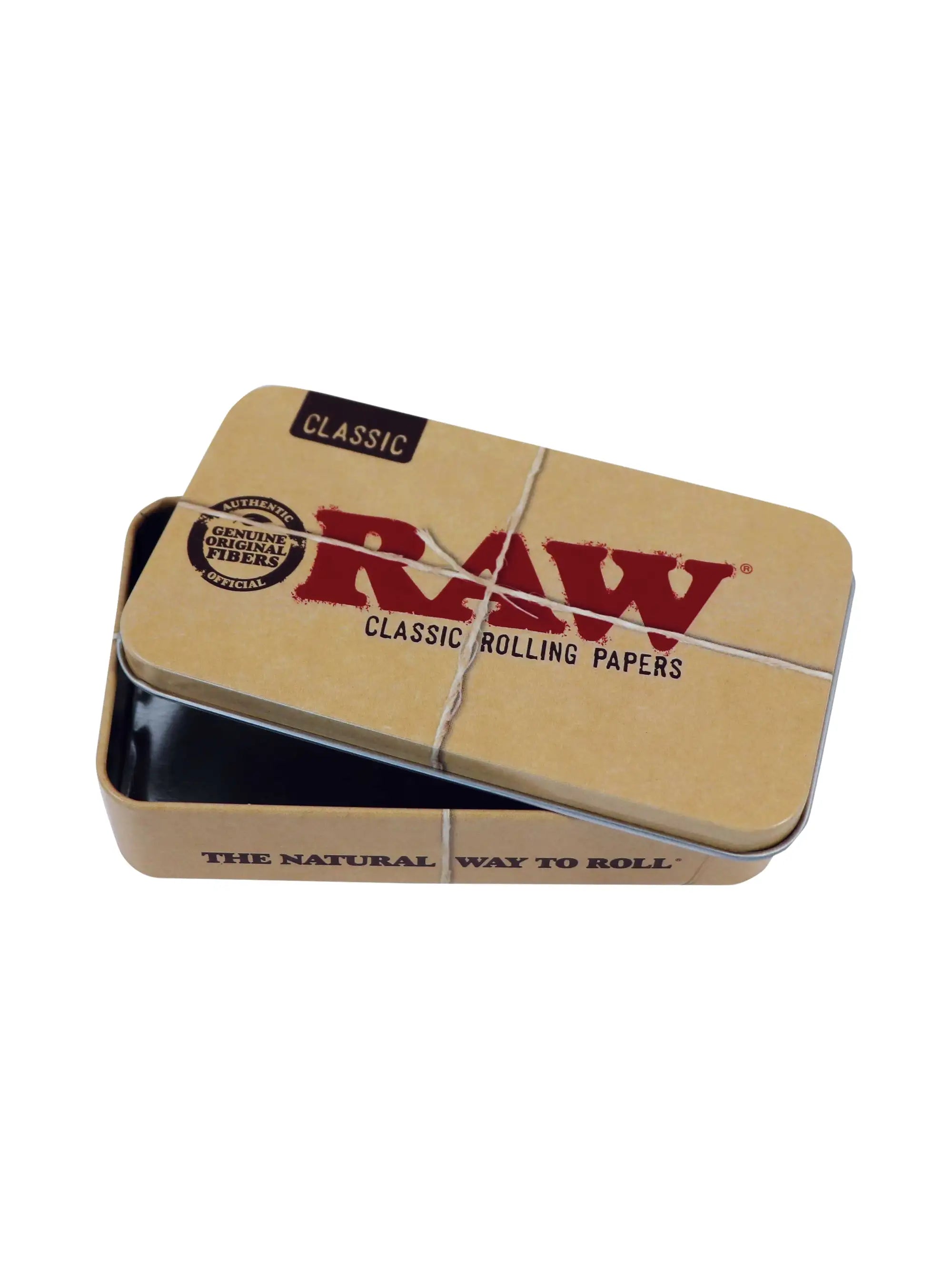 RAW Classic Tin Case geöffnet – kompakte Metall-Dose mit Fächern für Prerolls und Zubehör, ideal zum sicheren Aufbewahren