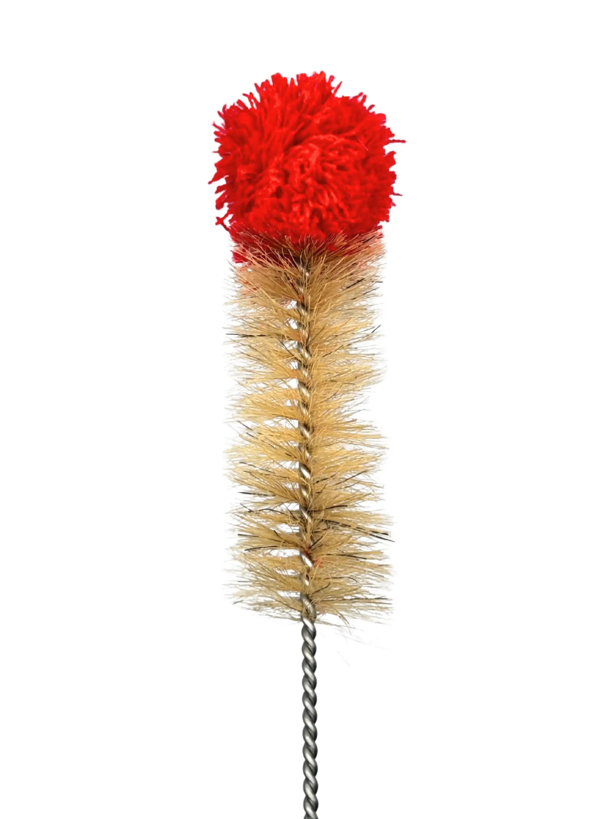 Reinigungsbürste mit rotem Wollbausch und Naturborsten zum schonenden Reinigen von Glas, Bongs und Flaschen mit rostfreiem Metallgriff.