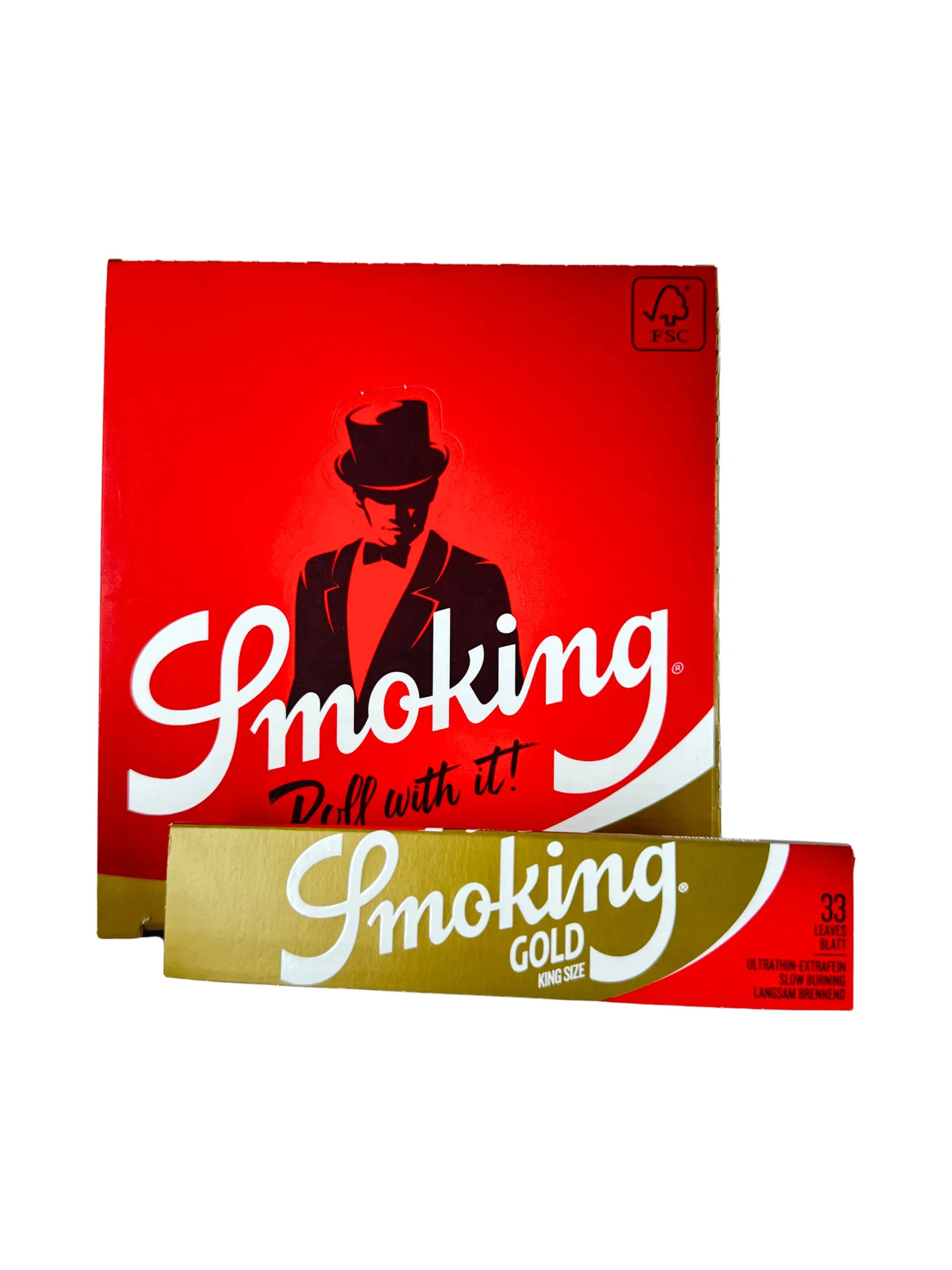 Smoking Gold King Size Slim Papers aus Reispapier für sauberes und gleichmäßiges Raucherlebnis.
