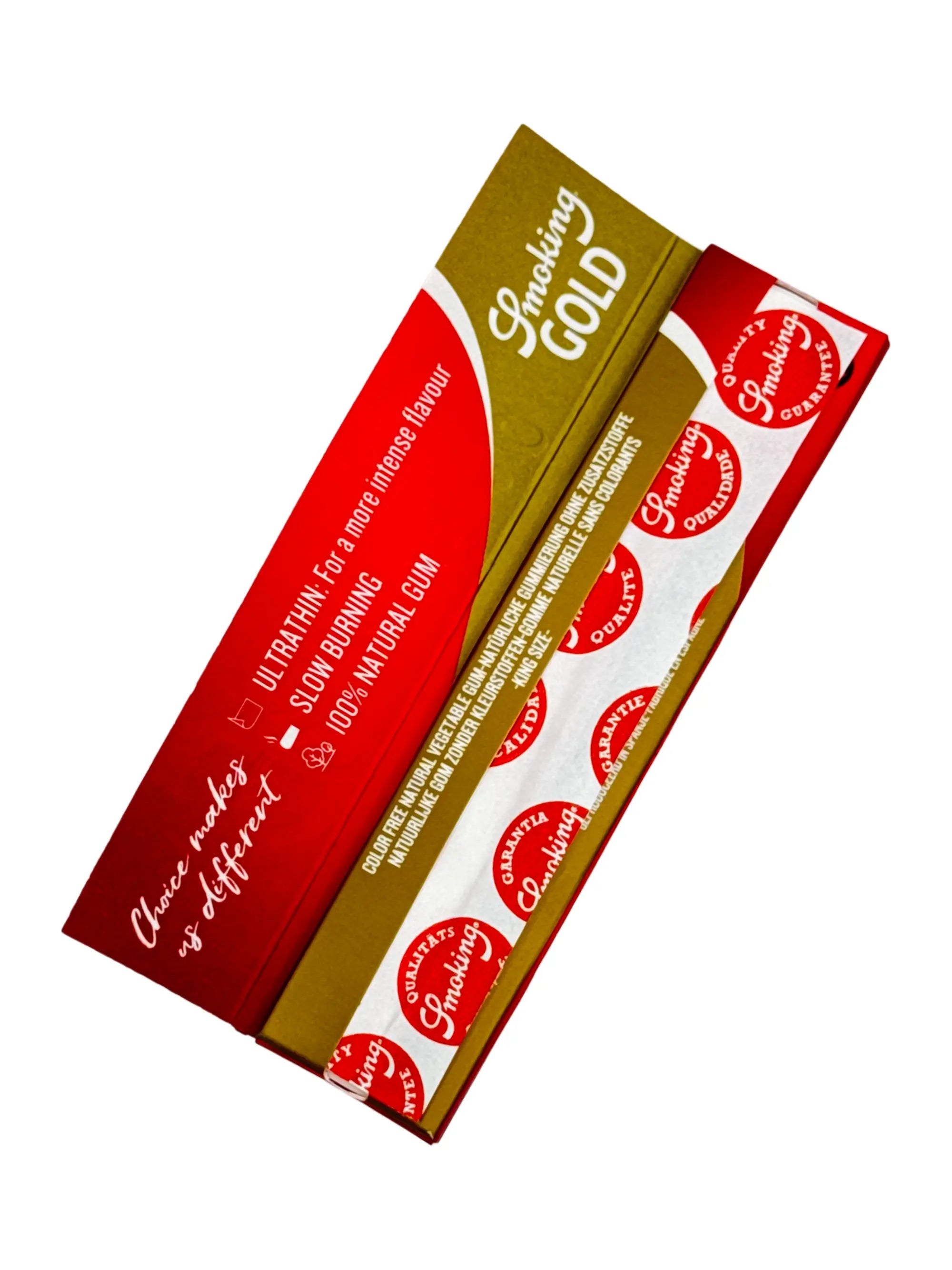 Smoking Gold King Size Slim Papers Detailansicht – ultradünnes Reispapier für gleichmäßiges Abbrennen.
