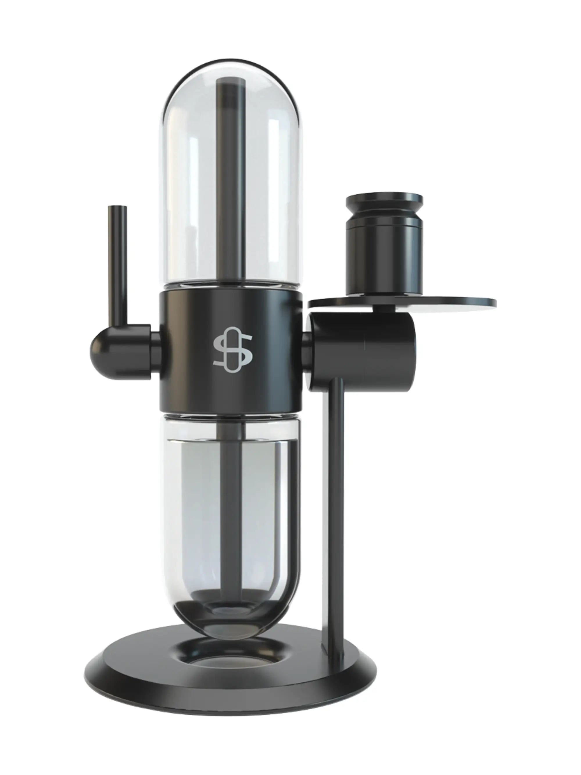 Stündenglass Gravity Hookah Black mit 360°-Gravitationssystem aus Borosilikatglas und Aluminium in der Frontansicht.