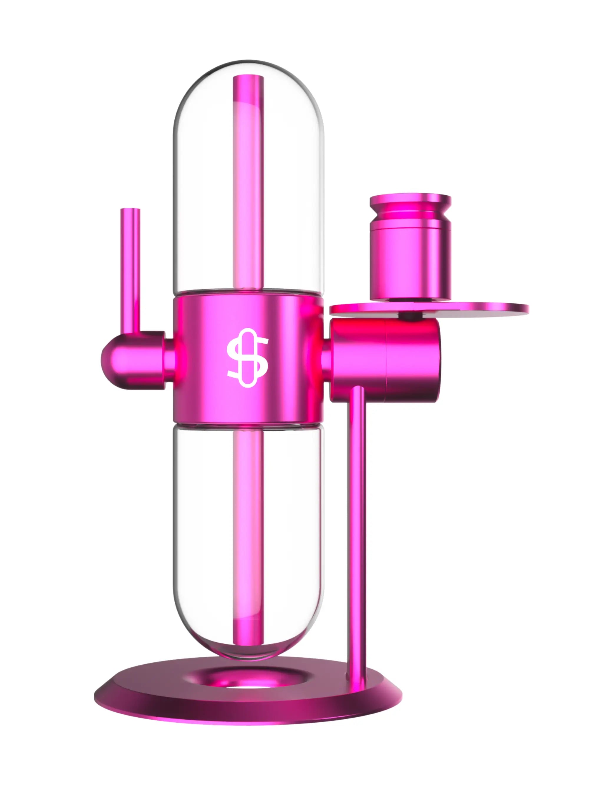 Stündenglass Gravity Hookah in Pink mit Borosilikatglas, eloxiertem Aluminiumrahmen und 360°-Gravitationssystem in kompletter Frontansicht.