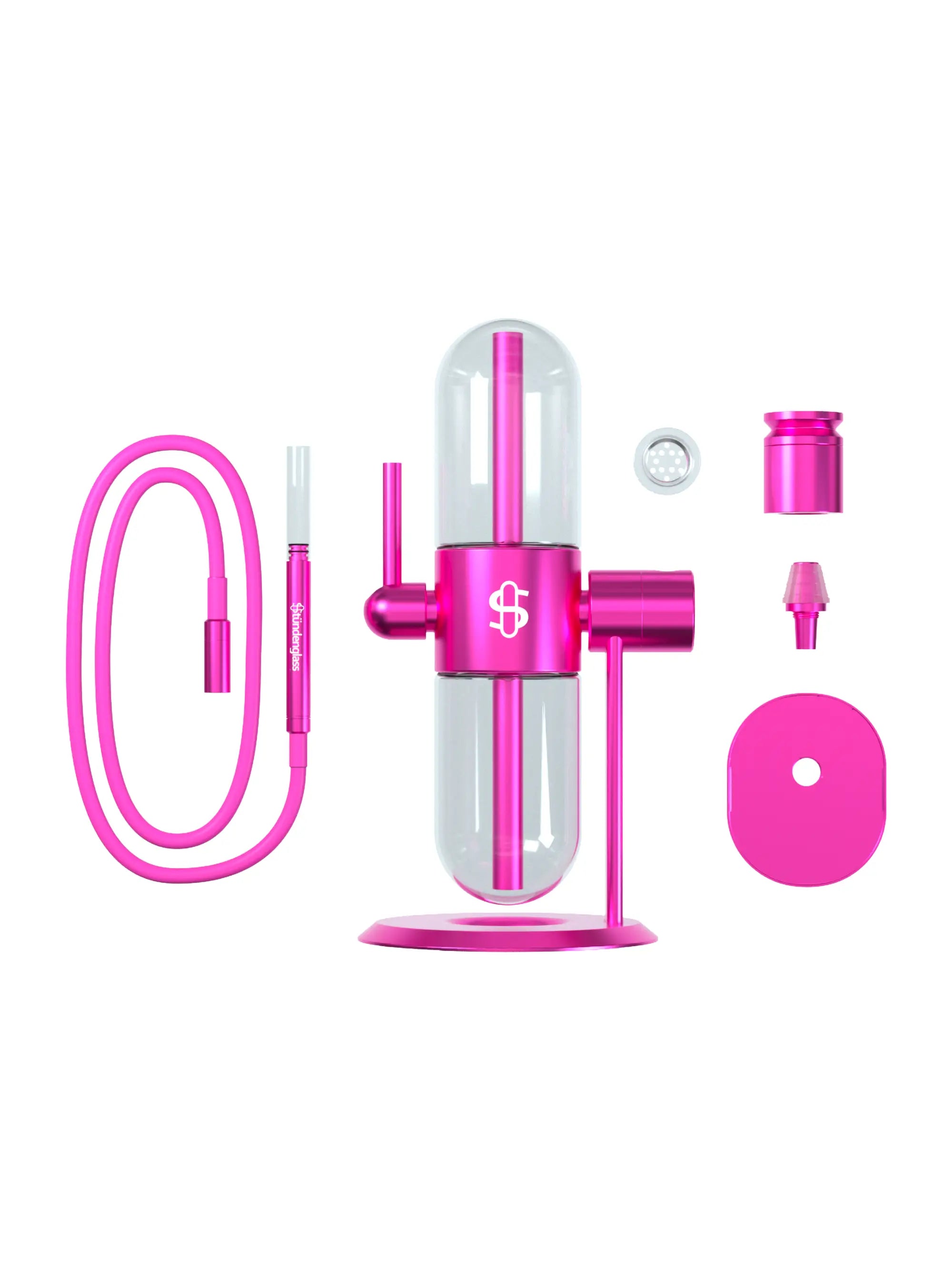 Kompletter Lieferumfang der Stündenglass Gravity Hookah Pink inklusive Gläsern, Schlauch, Mundstück, Hookah Bowl, Kopfadapter und Zubehör.