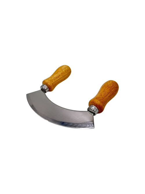 Einseitiges Wiegemesser (Mezzaluna) mit scharfer Edelstahlklinge und zwei Holzgriffen